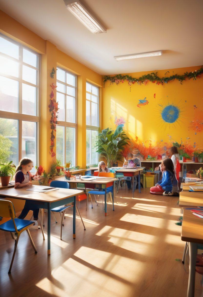 A vibrant school classroom filled with joyful children engaged in creative activities, with colorful decorations on the walls, plants enhancing the atmosphere, and a supportive teacher encouraging collaboration. Sunlight streaming through large windows, creating a warm and cheerful ambiance. super-realistic. vibrant colors. bright background.