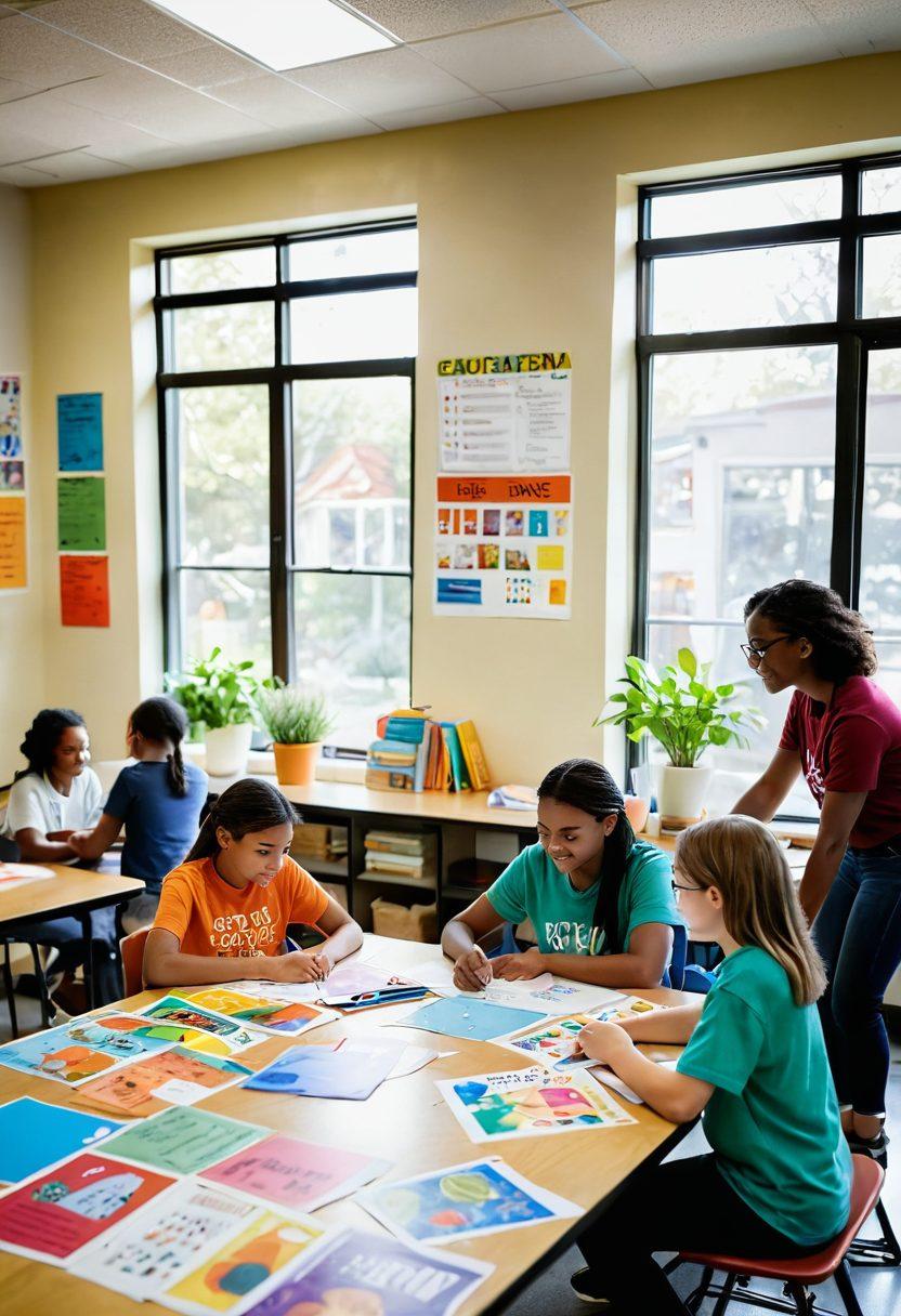 A colorful classroom scene filled with diverse and cheerful students engaged in collaborative learning activities, surrounded by bright educational posters and interactive learning stations. A teacher is guiding a group at a table while natural light pours in through large windows, creating an inviting atmosphere. Include elements like books, art supplies, and plants to enhance the joyful ambiance. vibrant colors. soft focus.
