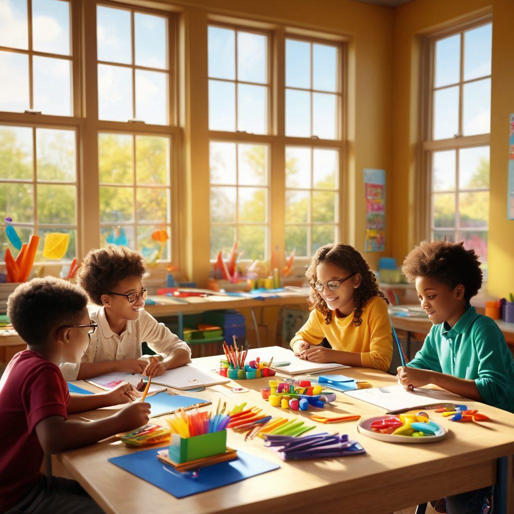 A vibrant classroom scene filled with diverse students actively engaged in playful learning activities, surrounded by colorful educational tools and art. Joyful expressions and collaborative interactions highlight the essence of well-being and creativity in education. Warm sunlight streams through large windows, enhancing the cheerful atmosphere. Illustrate an inspiring and uplifting environment. super-realistic. vibrant colors. 3D.